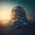 Garbage dump on the beach at sunset. Toned image. Royalty Free Stock Photo