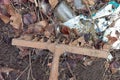 Garbage dump on the ground with a rake and empty glass bottles. Recycling concept Royalty Free Stock Photo