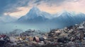 Garbage dump in the Himalayas at sunset, Nepal, Generative AI illustrations