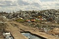 Garbage dump. Illegal dump in Russia. Garbage and writing waste.