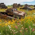 Garbage dump of old rusty abandoned crashed transport standing in summer meadow with wildflowers under blue sky Royalty Free Stock Photo