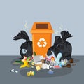 Garbage dump with rubbish bin for recycling. Different types of waste. Environmental conservation vector infographics