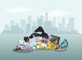 Garbage dump with rubbish for recycling. Different types of waste. Environmental conservation vector infographics