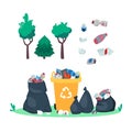 Garbage in the dumpster. Trash can and bags. Rubbish in the forest. Plastic bottles and junks. Dump and trees Royalty Free Stock Photo