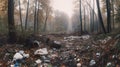 garbage in the forest on a foggy misty morning. Generative AI