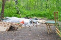Garbage in forest. People illegally thrown garbage into forest. Concept of man and nature. Royalty Free Stock Photo