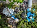 Garbage in the forest with rubbish bin Royalty Free Stock Photo