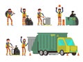 Garbage man collecting city rubbish and waste for recycling. Vector set Royalty Free Stock Photo