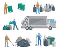 Garbage men set. Garbage truck, bags, cans, bins, containers and pile of trash. Isolated objects on white background. Garbage recy Royalty Free Stock Photo