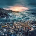 Garbage ocean blue water waste plastic ecology, Generative AI