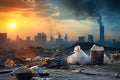 Garbage overload at the citys edge, symbolizing environmental pollution and challenging ecological balance Royalty Free Stock Photo