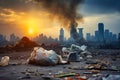 Garbage overload at the citys edge, symbolizing environmental pollution and challenging ecological balance Royalty Free Stock Photo