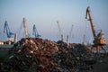 Garbage pile in trash dump or junkyard, metal crane garbage consumption junkyard scarp, Global warming, Ecosystem and