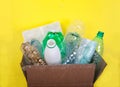 Garbage from plastic bottles in a cardboard box on a yellow background. Zero waste. Purity. Royalty Free Stock Photo