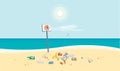 Garbage Pollution Trash on the Sea Sand Beach with No Littering Sign Royalty Free Stock Photo