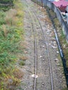 Garbage on the railway Rails and waste. Polluted environment in the city. Industrial zone