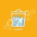 Garbage recycling. Dustbin with plastic bottles on orange background, creative illustration