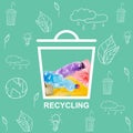 Garbage recycling. Creative collage with dustbin full of plastic bottles on turquoise background