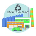 Garbage recycling illustration with plant, trash truck and dumpsters