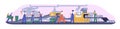 Garbage recycling process on conveyor belt at factory. Workers and automated machine sorting plastic trash. Waste