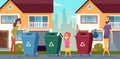 Garbage recycling. Waste separation people protect nature container for garbage vector cartoon background