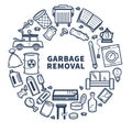 Garbage removal promo monochrome emblem with rubbish in circle