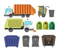 Garbage removal service dumpsters dustcarts machinery equipment vector icons