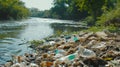 Garbage on the river bank. Environmental pollution. Plastic trash. generative ai Royalty Free Stock Photo