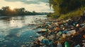 Garbage on the river bank. Environmental pollution. Plastic trash. generative ai Royalty Free Stock Photo