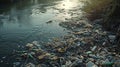 Garbage on the river bank. Environmental pollution. Plastic trash. generative ai Royalty Free Stock Photo