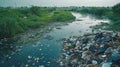 Garbage on the river bank. Environmental pollution. Plastic trash. generative ai Royalty Free Stock Photo