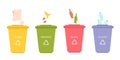 Garbage separation set, bin with trash to separate, infographic educational collection