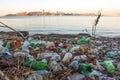 Garbage on the shore of the Japanese sea. Empty used dirty plastic bottles on the beach of the big city. Royalty Free Stock Photo