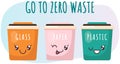 Garbage sorting containers in cute kawaii style. Different recycle bins with positive emotions