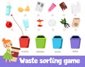 Garbage sorting educational children game. Match trash with bin Sorter activity for kids