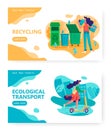 Garbage sorting and plastic recycle concept illustration. Young girl on a scooter. Eco urban lifestyle. Environment