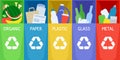 Garbage sorting and recycle background with color trash bins.