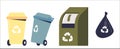 Garbage sorting set. Bins and waste bag with recycle symbols plastic, glass, paper, organic trash Royalty Free Stock Photo