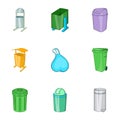 Garbage storage icons set, cartoon style