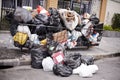 Garbage, street and bags with trash, pile and dirty with recycling, New York city and environment. Container, waste