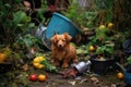 garbage strewn across garden, chewed up toy in the midst