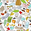 Garbage texture. Rubbish seamless pattern. trash ornament. litter background. peel from banana and stub. Tin and old newspaper. B