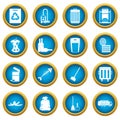 Garbage thing icons blue circle set