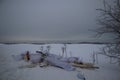 Garbage thrown into the snow along the snowy road