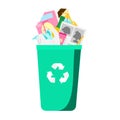 Garbage in trash bin. Household waste. Paper, plastic, glass and other rubbish. Isolated vector clip art