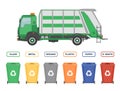 Garbage truck and garbage cans isolated on white background. Royalty Free Stock Photo