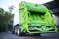 Garbage truck, dirt and transport for collection service on street in city for public environment cleaning. Junk