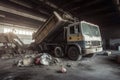 Garbage truck dumping indoor. Generate Ai