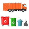 Garbage truck and four variants of dumpsters