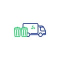 Garbage truck line icon, trash disposal services, waste bins